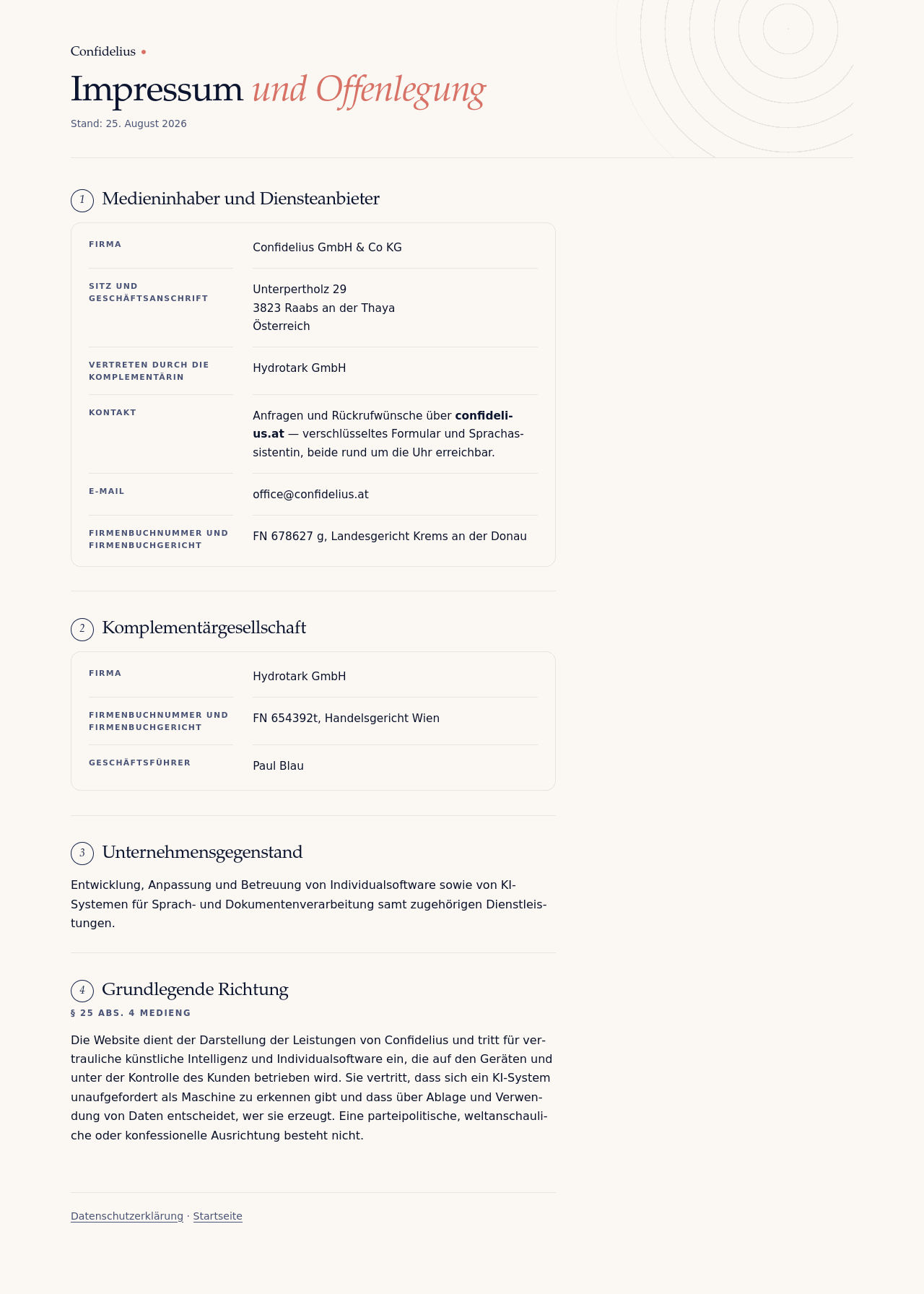 Impressum und Offenlegung von Confidelius als Bild