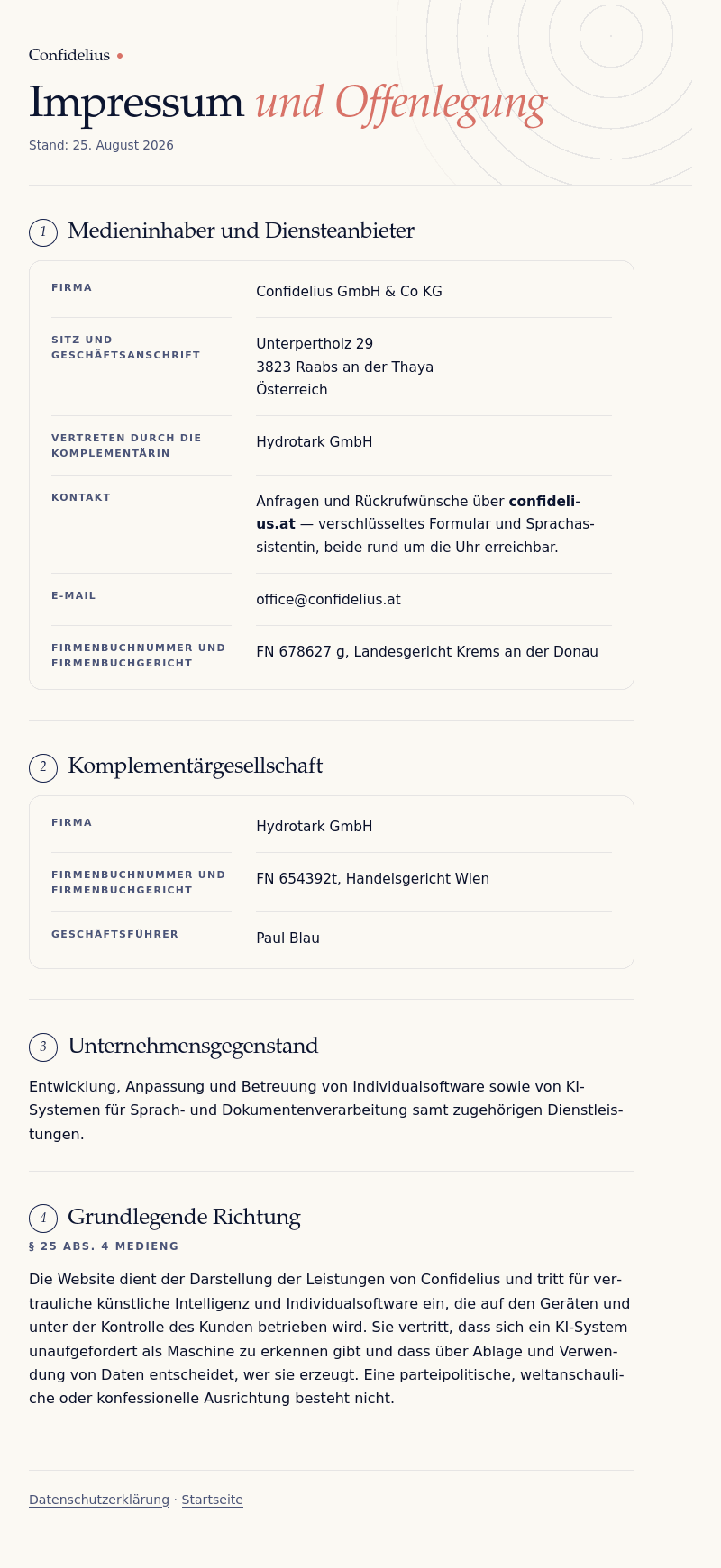 Impressum und Offenlegung von Confidelius als Bild